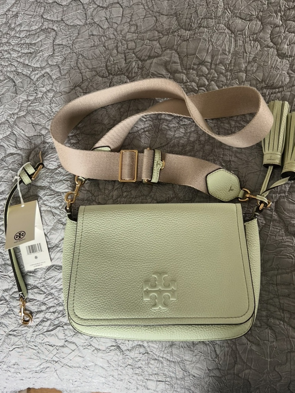 Tory Burch Mint Green Pebbled Leather Crossbody with Canvas Strap